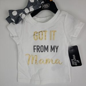 Toddler Girls 12 mo. Glitter Graphic T-Shirt White Gold Short Sleeve W/Bow NWT